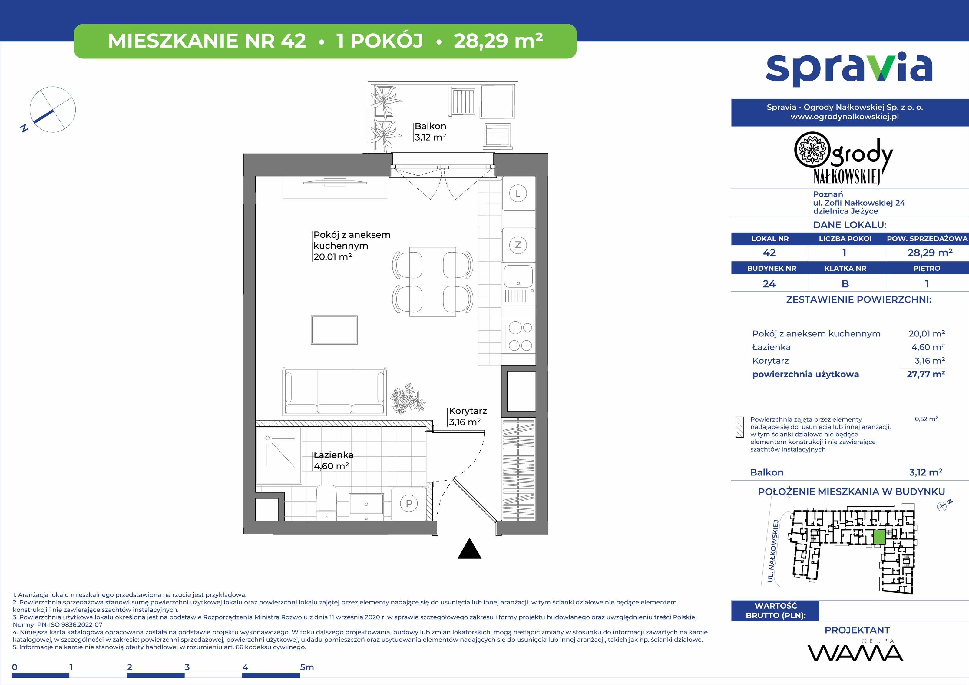 1 pokój, mieszkanie 28,29 m², piętro 1, oferta nr 24-42, Ogrody Nałkowskiej, Poznań, Ogrody, ul. Nałkowskiej 24, 26